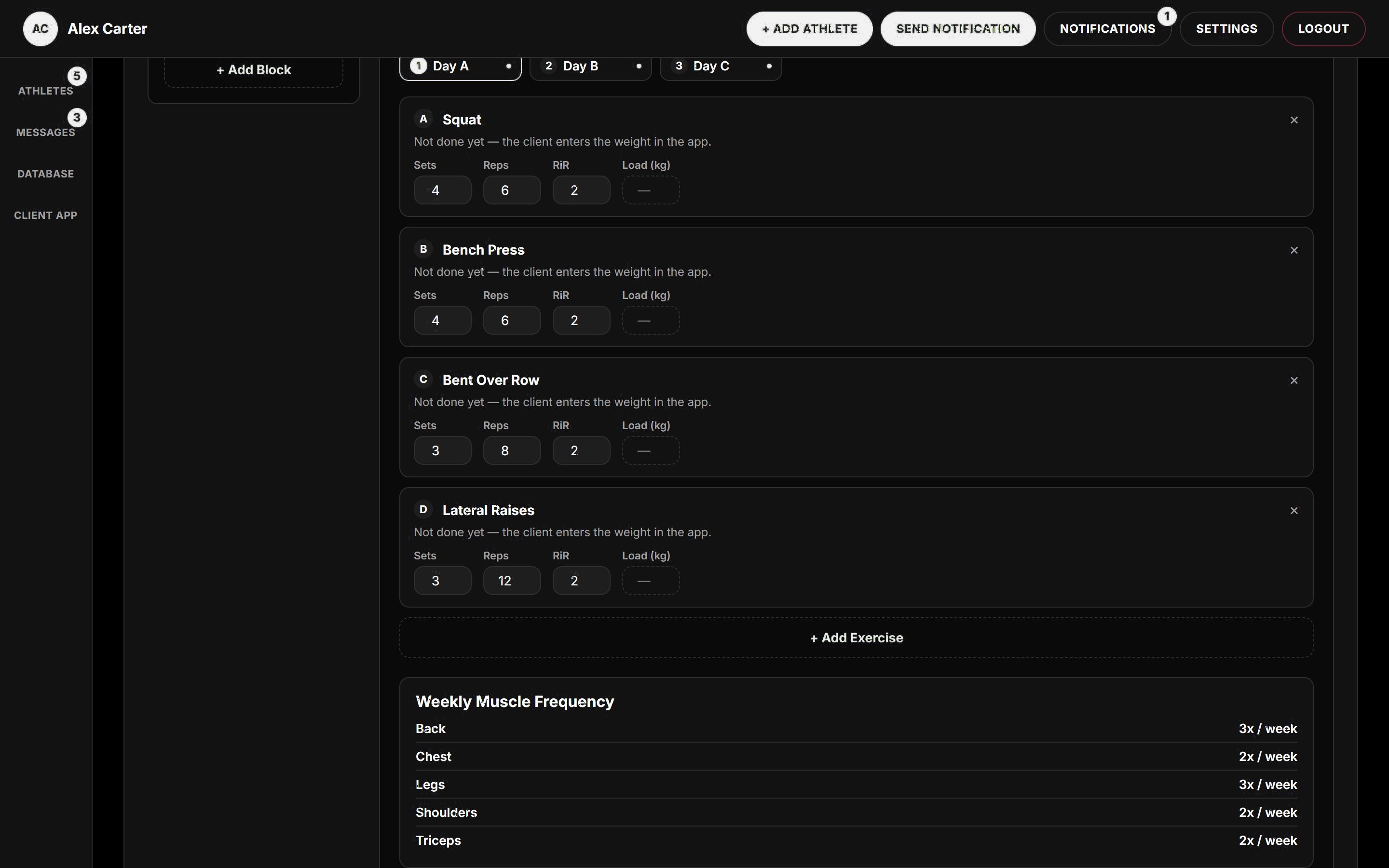 Training program editor with exercises, sets, reps and weekly muscle frequency