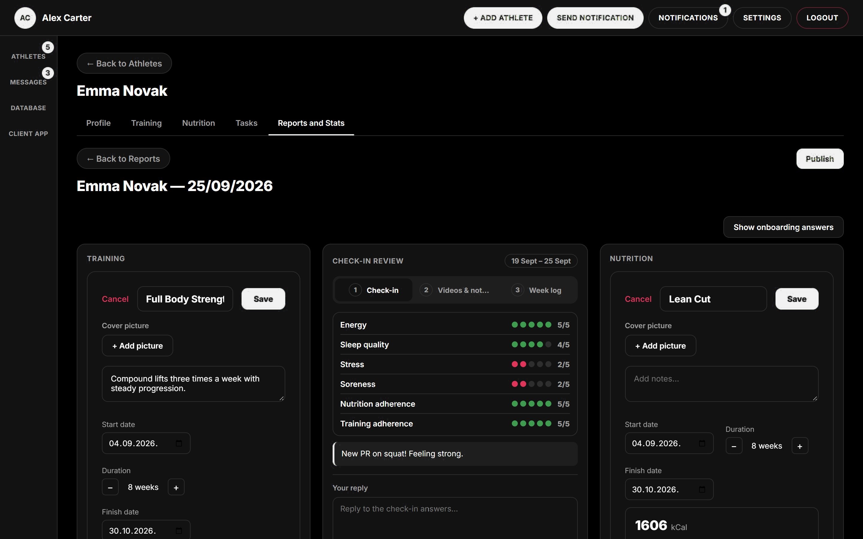 Check-in review with scores, client note and the client’s program and nutrition plan