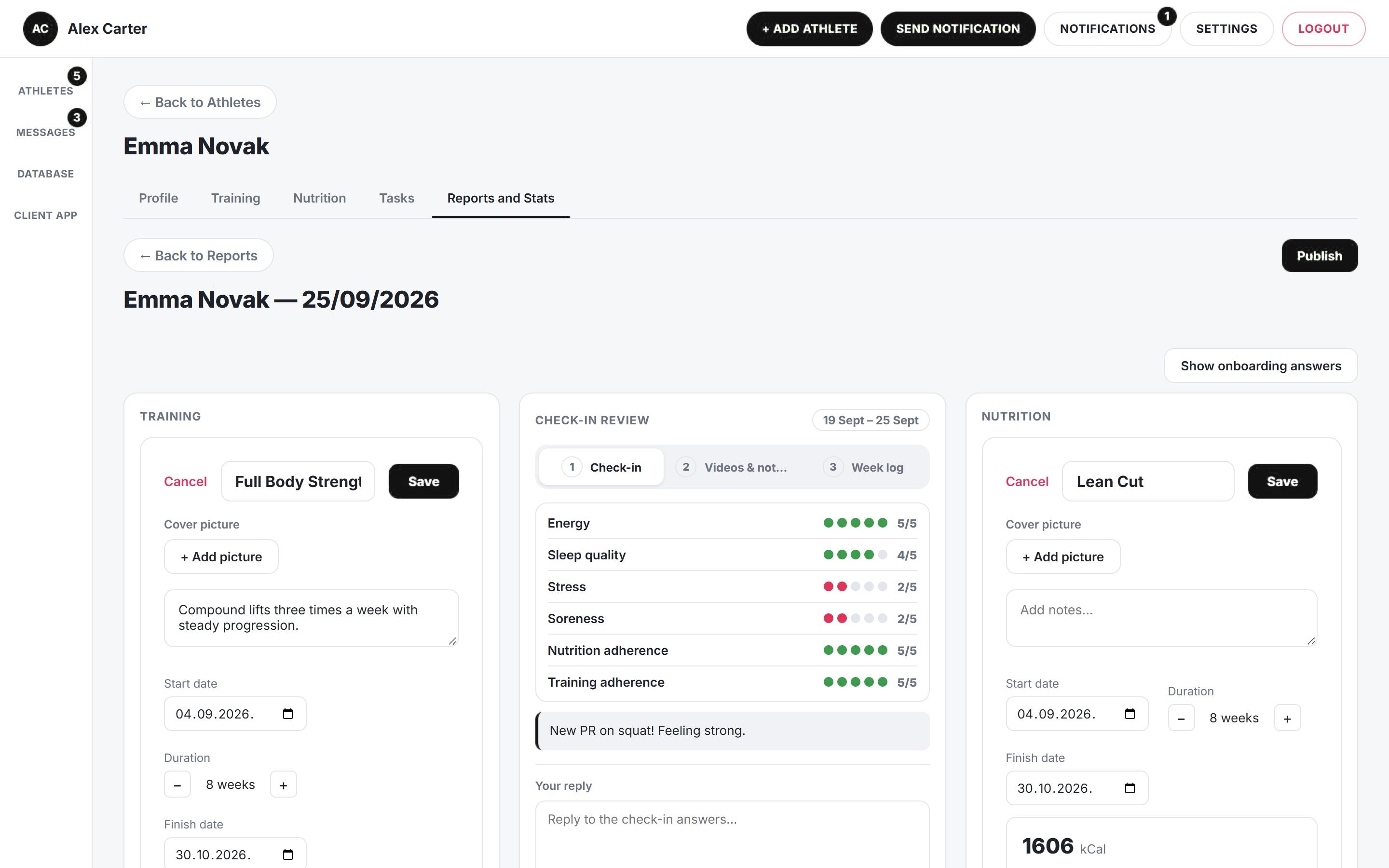 Check-in review with scores, client note and the client’s program and nutrition plan
